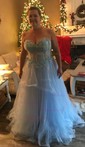 Princess Sweetheart Lace Tulle Sweep Train Appliques Lace Prom Dresses