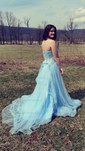 Princess Sweetheart Lace Tulle Sweep Train Appliques Lace Prom Dresses