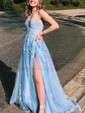 Ball Gown/Princess Sweep Train Scoop Neck Tulle Appliques Lace Prom Dresses