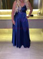 A-line Sweep Train Cowl Neck Silk-like Satin Split Front Prom Dresses