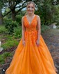 Princess V-neck Backless Tulle Prom Dresses With Appliques