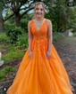 Ball Gown/Princess Floor-length V-neck Tulle Beading Prom Dresses