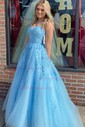 Ball Gown Scoop Neck Tulle Sweep Train Appliques Lace Prom Dresses