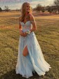 A-line Sweetheart Tulle Sweep Train Beading Prom Dresses