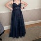 A-line Sweetheart Tulle Sweep Train Beading Prom Dresses