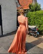 A-line Cowl Neck Silk-like Satin Sweep Train Split Front Prom Dresses