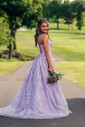 Ball Gown Scoop Neck Tulle Sweep Train Appliques Lace Prom Dresses