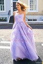 Ball Gown Scoop Neck Tulle Sweep Train Appliques Lace Prom Dresses