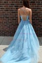 Ball Gown Scoop Neck Tulle Sweep Train Appliques Lace Prom Dresses