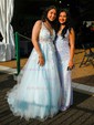 Ball Gown/Princess Floor-length V-neck Tulle Appliques Lace Prom Dresses