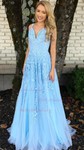 Ball Gown V-neck Lace Tulle Sweep Train Appliques Lace Prom Dresses