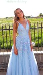 Ball Gown V-neck Lace Tulle Sweep Train Appliques Lace Prom Dresses