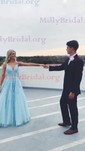 Ball Gown V-neck Lace Tulle Prom Dresses With Appliques
