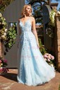 Ball Gown V-neck Lace Tulle Sweep Train Appliques Lace Prom Dresses