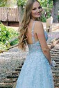 Ball Gown V-neck Lace Tulle Sweep Train Appliques Lace Prom Dresses