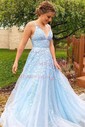 Ball Gown V-neck Lace Tulle Sweep Train Appliques Lace Prom Dresses