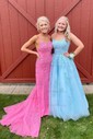 Trumpet/Mermaid Sweep Train Scoop Neck Tulle Lace Appliques Lace Prom Dresses