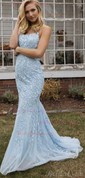 Trumpet/Mermaid Sweep Train Scoop Neck Tulle Lace Appliques Lace Prom Dresses