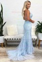 Trumpet/Mermaid Sweep Train Scoop Neck Tulle Lace Appliques Lace Prom Dresses