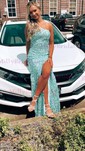 Sheath/Column One Shoulder Velvet Sequins Sweep Train Split Front Prom Dresses