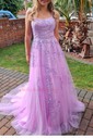 Ball Gown Scoop Neck Tulle Sweep Train Appliques Lace Prom Dresses