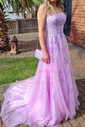 Ball Gown Scoop Neck Tulle Sweep Train Appliques Lace Prom Dresses