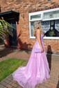 Ball Gown Scoop Neck Tulle Sweep Train Appliques Lace Prom Dresses