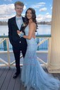 Trumpet/Mermaid Scoop Neck Tulle Sweep Train Appliques Lace Prom Dresses