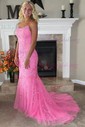 Trumpet/Mermaid Scoop Neck Tulle Sweep Train Appliques Lace Prom Dresses