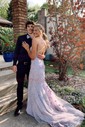 Trumpet/Mermaid Scoop Neck Tulle Sweep Train Appliques Lace Prom Dresses