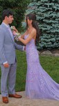 Trumpet/Mermaid Scoop Neck Tulle Sweep Train Appliques Lace Prom Dresses