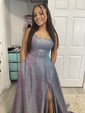 Ball Gown Square Neck Glitter Prom Dresses With Ruched