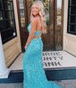 Sheath/Column Sweep Train V-neck Sequined Split Front Prom Dresses