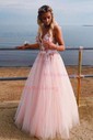 Ball Gown V-neck Tulle Sweep Train Beading Prom Dresses