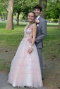 Ball Gown V-neck Tulle Sweep Train Beading Prom Dresses