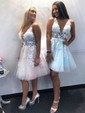 Ball Gown V-neck Tulle Short/Mini Homecoming Dresses With Appliques Lace