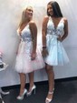V-neck Tulle Skater Homecoming Dresses With Appliques Lace