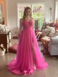 Ball Gown V-neck Tulle Sweep Train Ruffles Prom Dresses