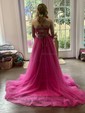 Ball Gown V-neck Tulle Sweep Train Ruffles Prom Dresses
