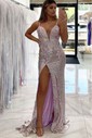 Sheath/Column V-neck Sequined Floor-length Prom Dresses With Split Front