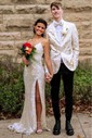 Sheath/Column V-neck Sparkly Sequin Prom Dresses With Appliques