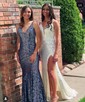 Sheath/Column V-neck Sparkly Sequin Prom Dresses With Appliques