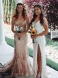 Sheath/Column V-neck Sparkly Sequin Prom Dresses With Appliques