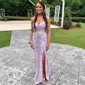Sheath/Column V-neck Sparkly Sequin Prom Dresses With Appliques