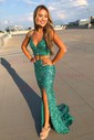 Sheath/Column Sweep Train V-neck Sequined Split Front Prom Dresses