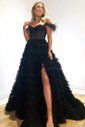 Ball Gown Off-the-shoulder Tulle Tiered Prom Dresses With Feather