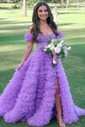 Ball Gown Off-the-shoulder Tulle Tiered Prom Dresses With Feather