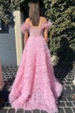 Ball Gown Off-the-shoulder Tulle Tiered Prom Dresses With Feather