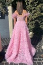 Ball Gown/Princess Sweep Train Off-the-shoulder Lace Tulle Beading Prom Dresses