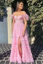 Ball Gown Off-the-shoulder Tulle Tiered Prom Dresses With Feather